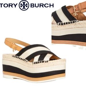 Tory Burch Women's Grosgrain Platform Espadrille Sandals Black & White Striped